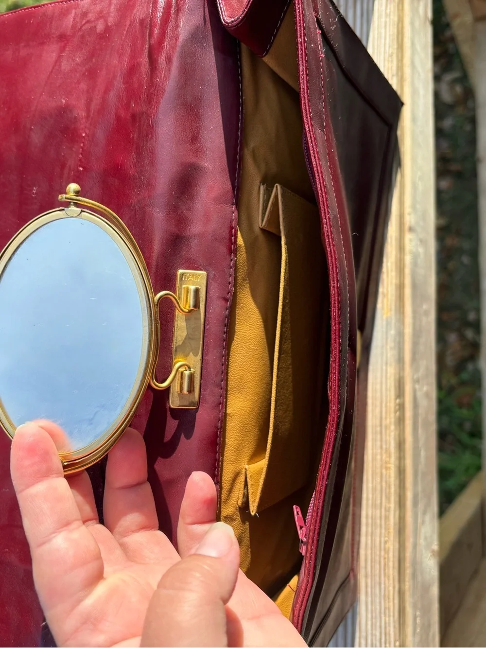 vintage Lou Taylor Italian leather swivel mirror clutch